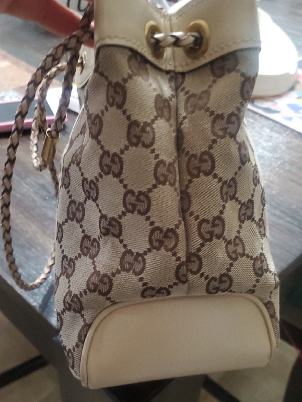 Gucci Beige and Brown GG Canvas Drawstring Tote with Braided Handles - Picture 3 of 16